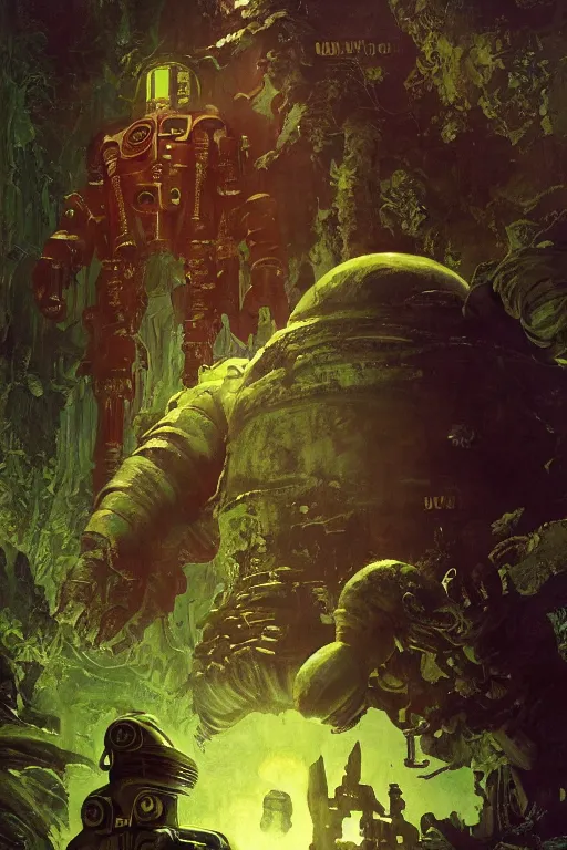 Prompt: pulp scifi fantasy illustration full body portrait of robby the robot on forbidden plant, monster from the id in the background, by norman rockwell, jack kirby, bergey, craig mullins, ruan jia, jeremy mann, tom lovell, 5 0 s, astounding stories, fantasy