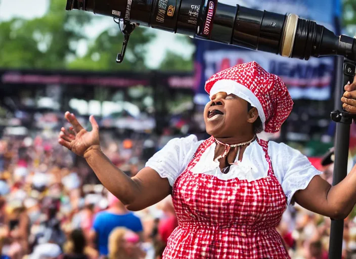 Prompt: photo still of aunt jemima in period attire at vans warped tour!!!!!!!! at age 4 0 years old 4 0 years of age!!!!!!! on stage throwing pancakes to the crowd, 8 k, 8 5 mm f 1. 8, studio lighting, rim light, right side key light