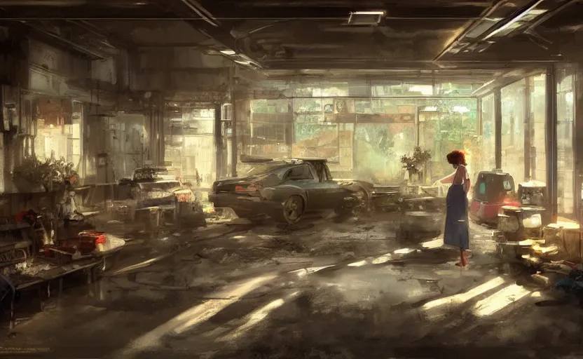 Image similar to an old garage interior, painting by Craig Mullins, octane rendering, soft lighting, wide angle lens, low view, in the style of Hayao Miyazaki, trending on artstation,