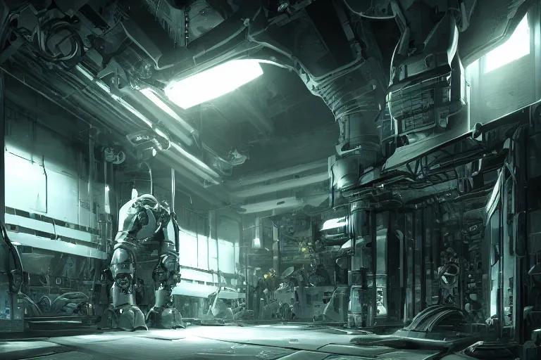 Image similar to robosaurus parallax datacenter server room interior single mono colossus white rusty robot sitting artstation cinematic detailed concept art volumetric light sharp coherent cgsociety symmetric perfect well balanced shadows lotr servers