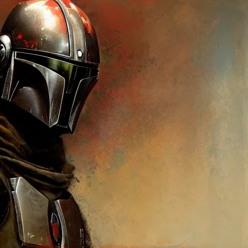 Prompt: portrait of an emotional mandalorian, by jeremy mann, peter elson.