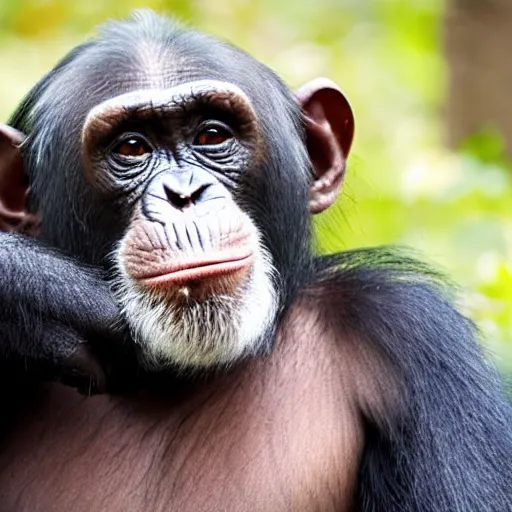 Image similar to chimpanzee grooming human, chimpanzee picking lice out of person's hair, photograph