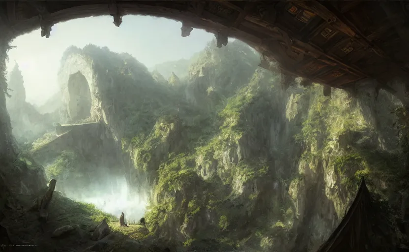 Image similar to painting of a series of a ring of bedrooms carved high up inside a mountain, lush garden with hot spring between, cozy bed, well maintained, clean, medieval, fantasy genre, natural light, fantasy, natural light, sharp focus, concept art, by greg rutkowski and craig mullins, cozy atmospheric and cinematic lighting, trending on artstation