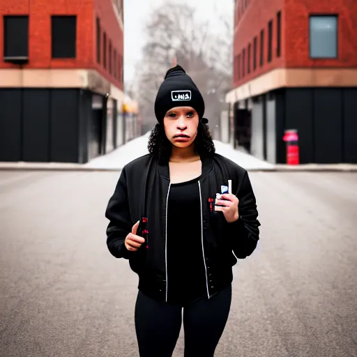 Image similar to Photograph of a mixed woman smoking, wearing a black beanie and black bomber jacket, urban environment, depth of field, 4k, 8k, hd, sigma 85mm f/1.4