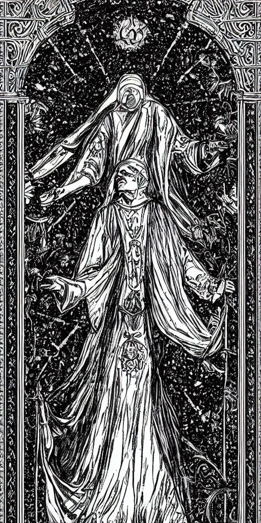 Image similar to the high priestess, tarot card, jachin and boaz columns, digital art, black and white