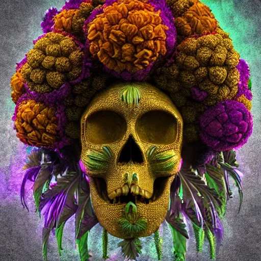 Image similar to a golden skull face african marijuanna shaman with an afro made of flowers, third eye art art by machina infinitum, complexity from simplicity, rendered in octane, mandelbulb 3 d, ambient occlusion, macro photography, felt!!! texture, tribal, neon! retrowave