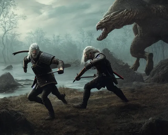 Image similar to 5 5 mm portrait photo of geralt fighting a hydra. magical atmosphere. art by greg rutkowski. highly detailed 8 k. intricate. lifelike. soft light. nikon d 8 5 0.