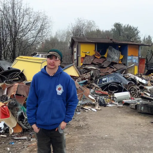 Image similar to Drachenlord guarding a junkyard with a small yellow house