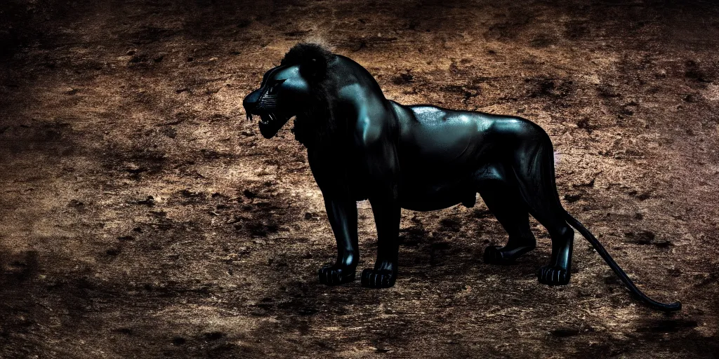 Prompt: the black lioness made of tar, dripping tar, drooling tar, sticky tar, stalking prey in the tar pit, dripping goo, sticky black goo. photography, dslr, tar, rim lighting, cinematic light, horror, contrast, tar pit, saturated