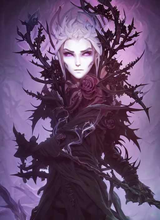 Prompt: beautiful necromancer with mist and smoke magic, surrounded by thorns and lilies. wavy hair, pointy ears, black laces, attarctive face, anime key visual, highly detailed, sharp focus, concept art, league of legends, style by shumolly and monable and artgerm and greg rutkowski and zeronis and pilyeon and ruan jia