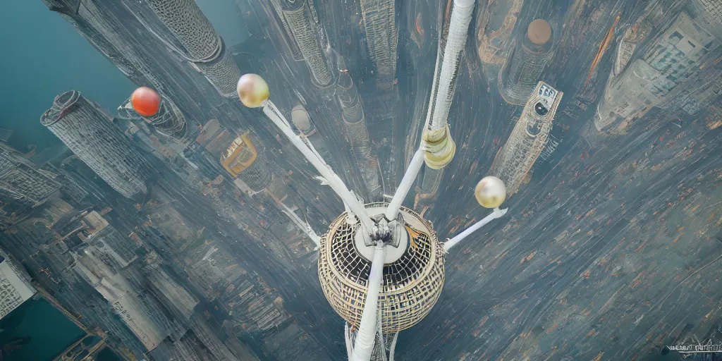Image similar to a very high resolution image from a new movie, oriental pearl tower, front view, upside - down, shining, photorealistic, photography, directed by wes anderson