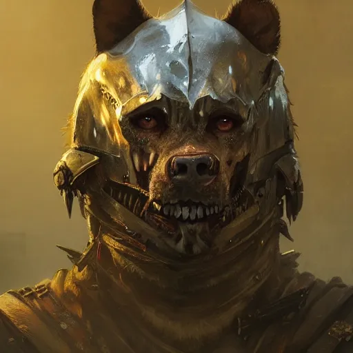 Prompt: portrait of a gnoll wearing a scarred face wearing plate armor, fantasy, highly detailed, digital painting, artstation, concept art, character art, art by greg rutkowski and tyler jacobson and alphonse mucha