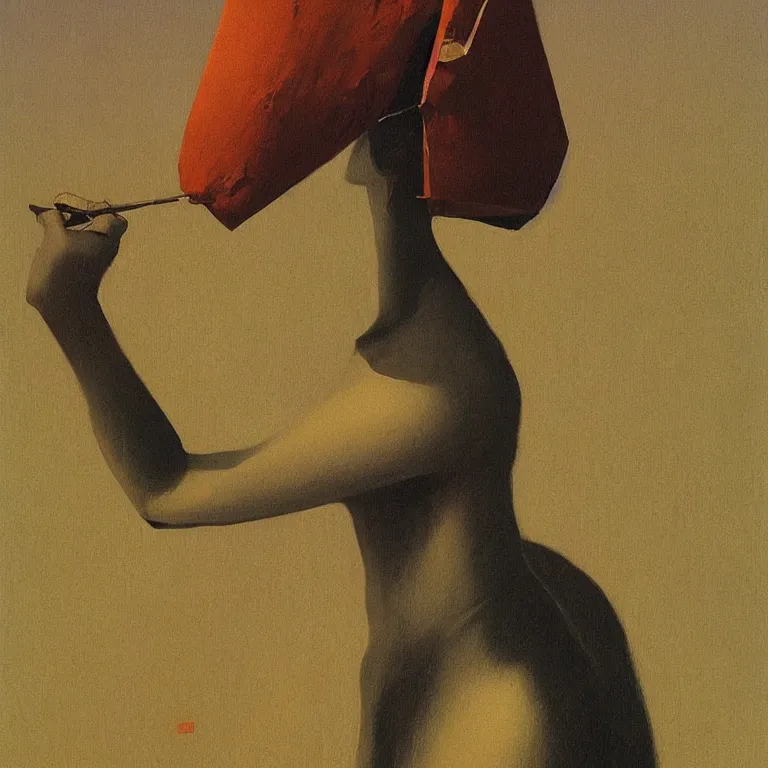 Prompt: woman in paper bag over the head and a sward Edward Hopper and James Gilleard, Zdzislaw Beksinski, highly detailed