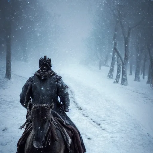 Prompt: A Nordian on horseback in the snowy mountains during a snowstorm, fantasy, medieval, highly detailed, Game of thrones style, Artstation