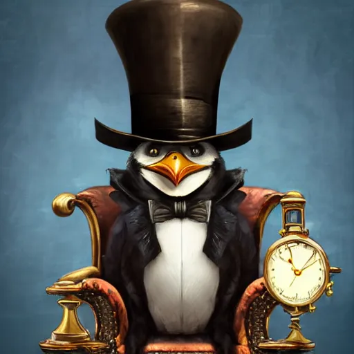 Image similar to oil painting of grumpy rich steampunk penguin, sitting in fancy chair, wearing top hat, holding gold watch, steampunk factory background, sharp focus, fantasy style, octane render, volumetric lighting, 8k high definition, by greg rutkowski, highly detailed, trending on art Station, magic the gathering artwork, centered, deviantart,