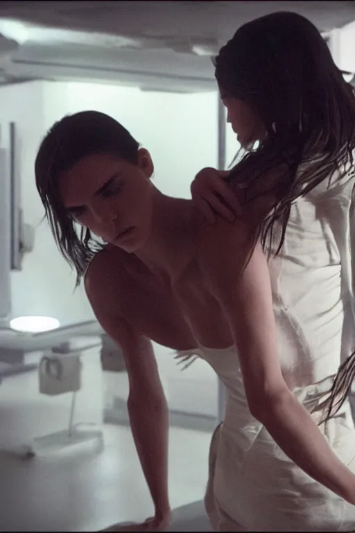 Image similar to film still of Kendall Jenner in the new Denis Villeneuve film, xenomorph holding Kendall again the wall, close shot, Kendall unconscious, cinematic lighting, 4k.