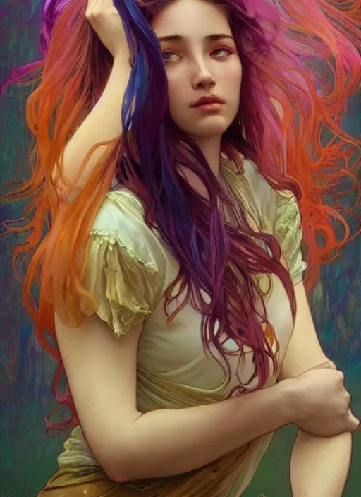 Prompt: a young woman with beautiful rainbow hair. she looks very sad, crying. beautiful painting by artgerm and greg rutkowski and alphonse mucha