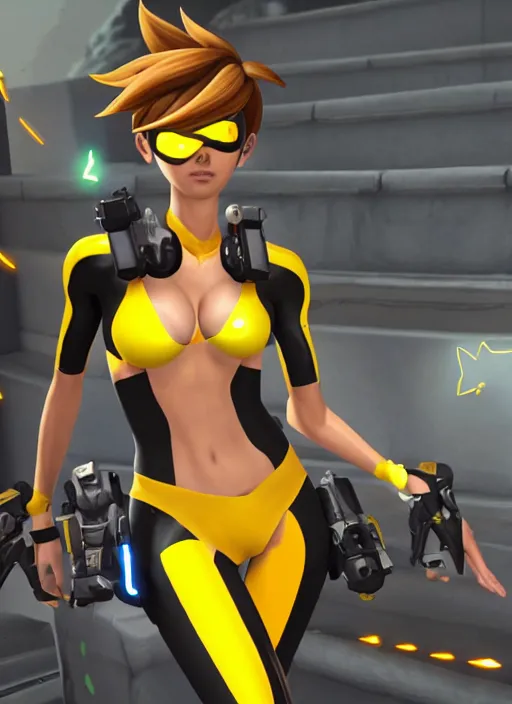 Image similar to tracer game character, in yellow bikini, blonde hair, black eyes, full height