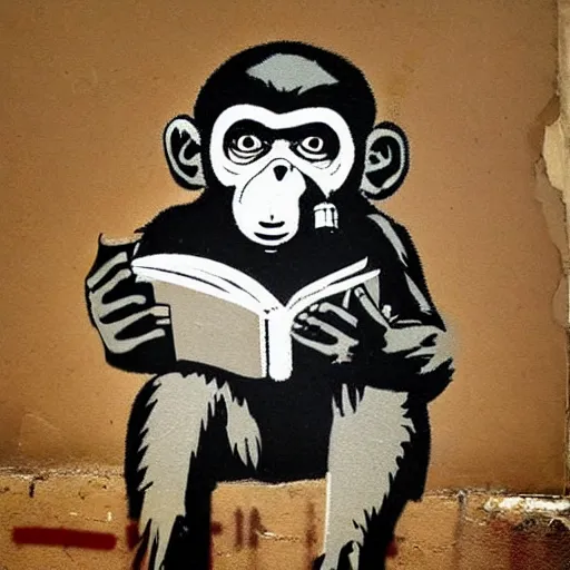 Image similar to a single Monkey reading a book, wearing a gas mask, graffiti, edge to edge, solid color background intricate, highly detailed, smooth, sharp focus, detailed face and body, high contrast, art by banksy