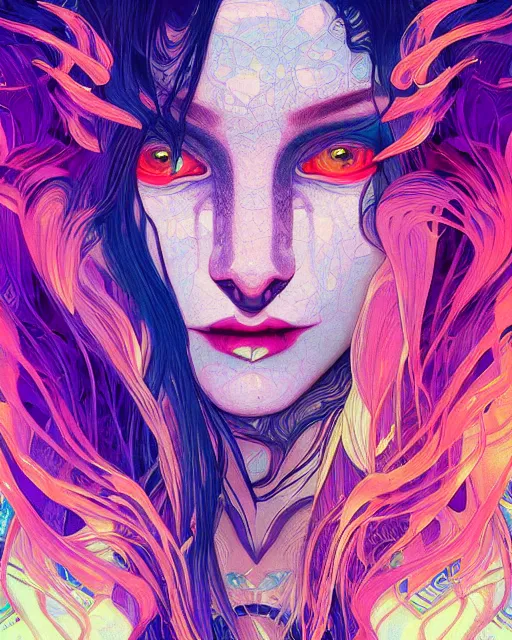 Image similar to glitch art close up portrait vampire, flowing hair, glitches, vaporwave, highly detailed, very intricate, graphical errors, art deco, neon glitch, chromatic aberration, harsh lighting, award - winning, unreal engine 5, illustration by mandy jurgens and alphonse mucha and alena aenami, glitch color palette, featured on artstation