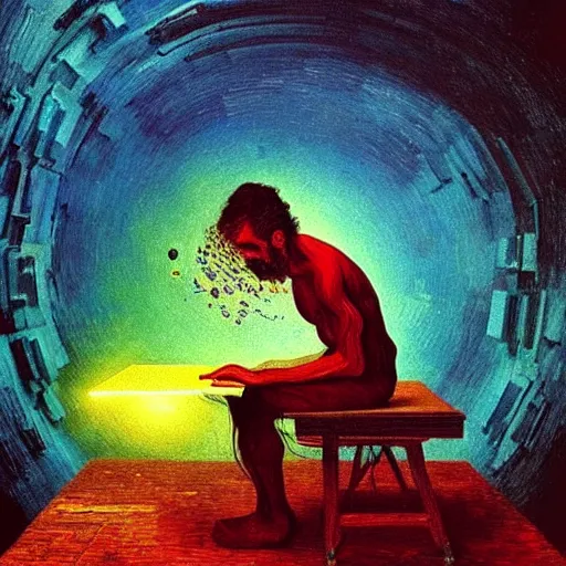 Prompt: A man programs A.I. on a laptop in a climbing gym - award-winning digital artwork by Salvador Dali, Beksiński, Van Gogh and Monet. Stunning lighting