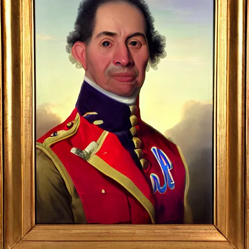 Image similar to facial portrait of the los angeles lakers dictator in military uniform, 1 7 8 0, oil on canvas by william sidney mount, oil on canvas, octane render