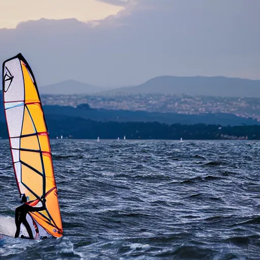 Image similar to windsurfing over stormy lake geneva with sunset in the back