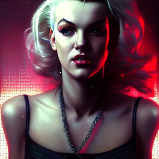 Image similar to portrait painting of a cyberpunk hacker who looks like marilyn monroe, ultra realistic, concept art, intricate details, eerie, highly detailed, photorealistic, octane render, 8 k, unreal engine. art by artgerm and greg rutkowski and charlie bowater and magali villeneuve and alphonse mucha