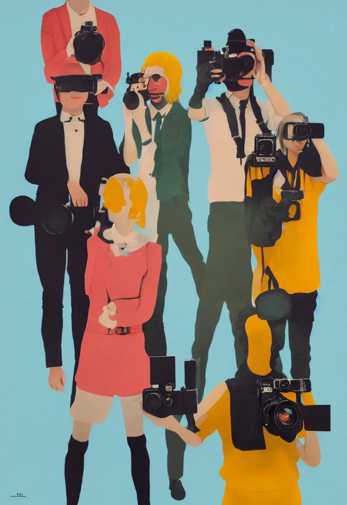 Image similar to full body portrait of a trio of european tourists with nikon cameras, various poses shooting photos, character designs painting, in the style of wes anderson, rene magritte, lola dupre, david hockney, isolated on white background, dark monochrome neon spraypaint accents volumetric octane render