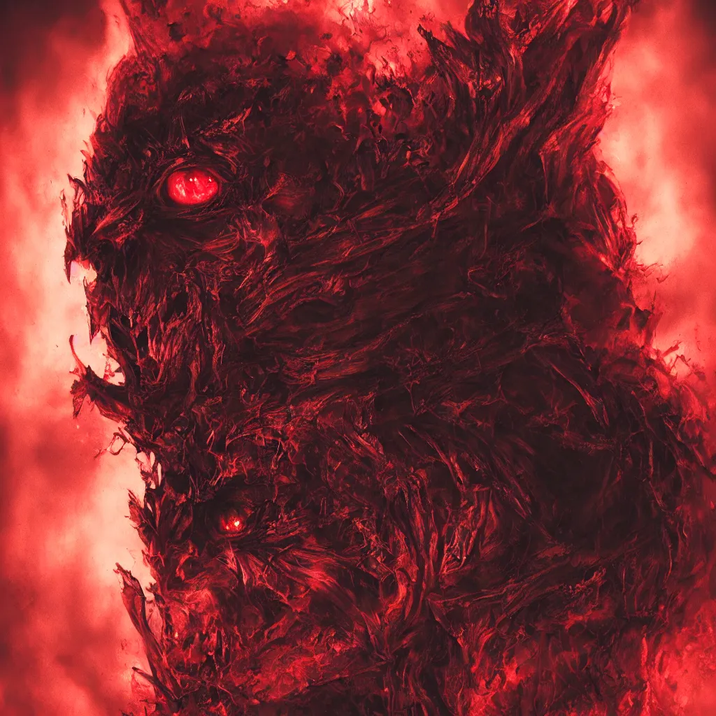 Prompt: a scary devil face with shade of soft red and black with bloodshot and luminous eyes, against a hellish background with a lot of smoke, darkart, hyperdetailed, hyperealistic, cinematography, 16k, 3D, Artstation, Deviantart, very beautiful
