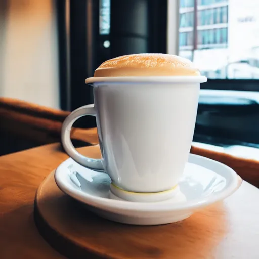 Image similar to a cup of latte in a toilet - shaped mug, fresh bakeries in the background, in a bright cafe, 3 5 mm, f 1. 8