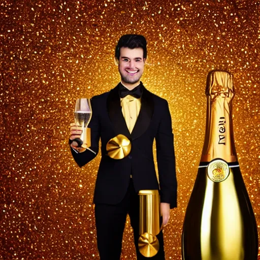 Prompt: handsome beautiful humanoid male robot with wavy dark hair holding gold bottle of champagne, elegant, red lighting, realistic, smooth, gold confetti background,