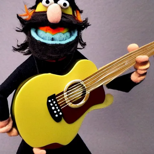 Image similar to bearded dave grohl as a muppet playing guitar. highly detailed felt. hyper real photo. 4 k.