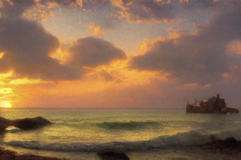 Prompt: sunset over a wooden cabin on the coast in the distance, sea, waves, oil painting, very detailed, colorful, cinematic lighting, albert bierstadt, theodor kittelsen, trending on artstation