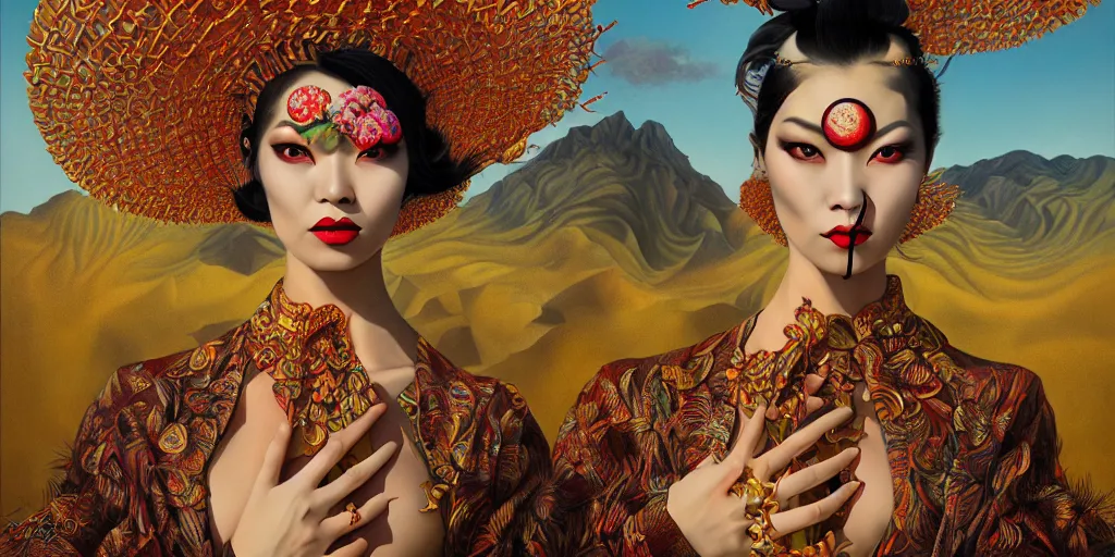 Image similar to giesha demon, innovative avant - garde art, deco fashion, asian women, highly detailed, photorealistic portrait by michael cheval, serene desert setting, crisp quality and light reflections, octane render, taror card with ornate border frame