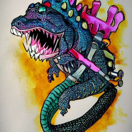 Prompt: detailed crocodile with a bear trap jaw as a colorful anime character