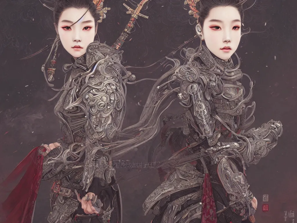 Image similar to portrait jisoo blackpink, grey hair armored samurai clothes, in fire japanese temple wet night, ssci - fi and fantasy, intricate and very very beautiful and elegant, highly detailed, digital painting, artstation, concept art, smooth and sharp focus, illustration, art by tian zi and wlop and alphonse mucha