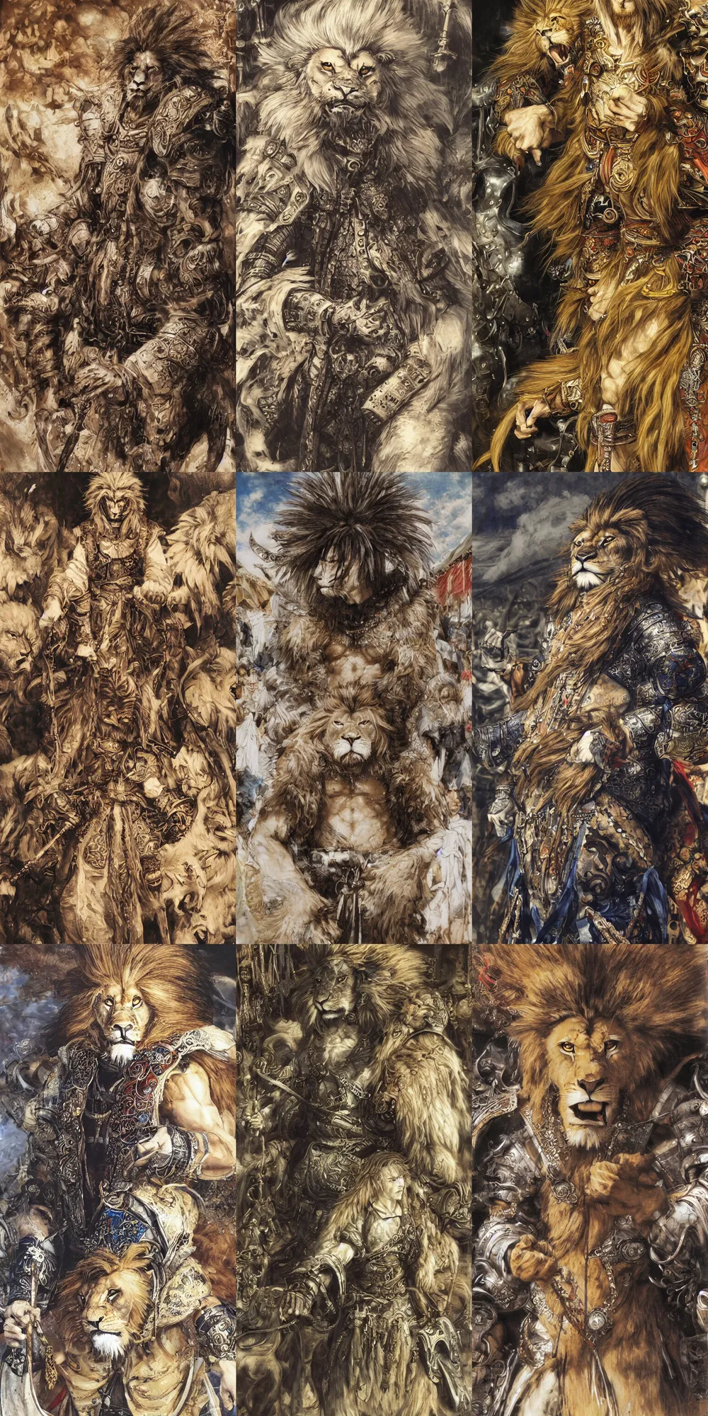 Image similar to 8 k yoshitaka amano painting of upper body of a young cool looking lion beastman with white mane at a medieval market at windy day. depth of field. he is wearing complex fantasy clothing. he has huge paws. renaissance style lighting.