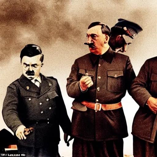 Prompt: viktor orban, hitler and stalin take part in a farting contest 1 9 4 4, nazi propaganda art, colored, highly detailed
