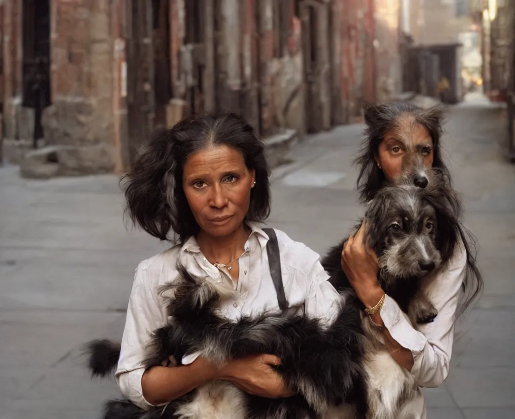 Image similar to closeup portrait of beautiful woman carrying a dog, smoky new york back street, by annie leibovitz and steve mccurry, natural light, detailed face, canon eos c 3 0 0, ƒ 1. 8, 3 5 mm, 8 k, medium - format print