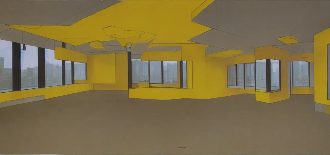 Image similar to Empty office Space with yellow wallpaper and LED Ceiling lights, painting by Frank Lloyd Wright