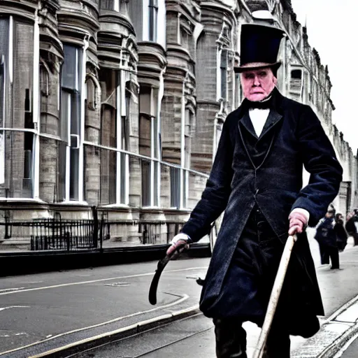 Prompt: 1850s Victorian chimney sweeper walking down the street in London, photo taken with an iPhone, HD