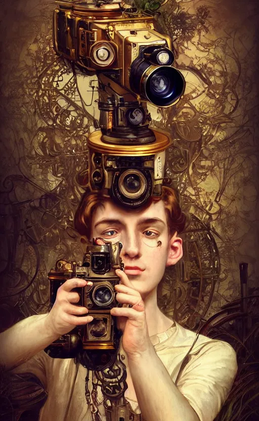 Image similar to hyper realistic male photographer looking through a vintage steampunk medium format camera, design on white background, beautiful details, lush foliage cyberpunk, gold, drawn by john singer sargent, tom bagshaw, norman rockwell, alphonso mucha, lolish, trending on artstation