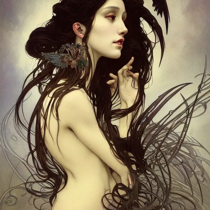 Prompt: a beautiful portrait of a beautiful! angel in black flames!! by ross tran!!! and alphonse mucha and greg rutkowski! and gustav dore! and zdzisław beksinski!, in style of digital art illustration. symmetry. highly detailed face. fantasy, smooth, hyper detailed, sharp focus, soft light. trending on artstation. 4 k