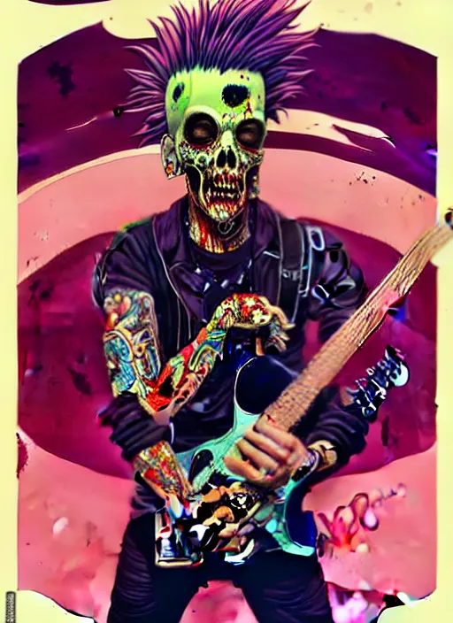 Image similar to a zombie punk rocker with a mohawk playing electric guitar, tristan eaton, victo ngai, artgerm, rhads, ross draws