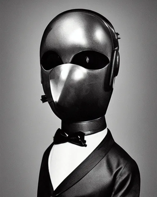 Image similar to retro photo portraits of a anthropomorphic-robot cyber-face techno mask in black tie suit by Louis Daguerre