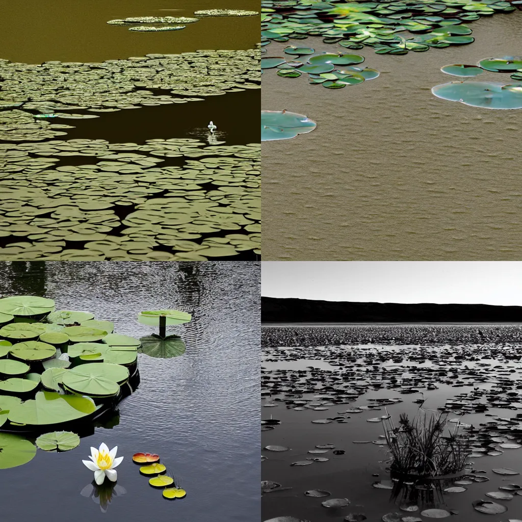 Prompt: A rover at the edge of a lake, with lily pads, on the Martian surface