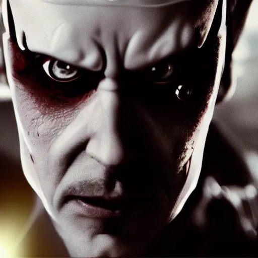 Prompt: movie still of a villain cyborg, facial expression, cinematic composition, cinematic light, by edgar allan poe,