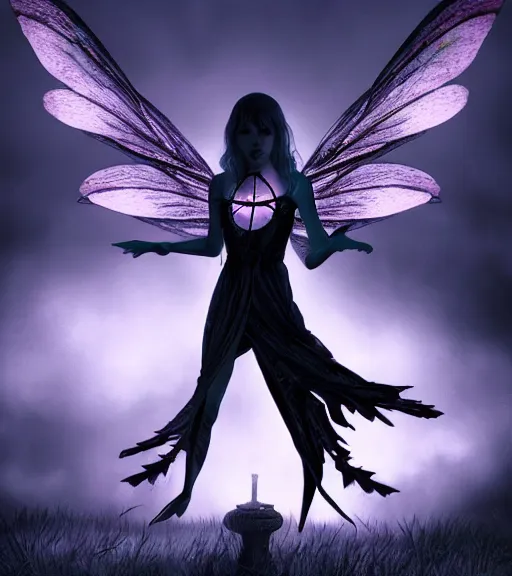 Image similar to gothic fairy with dragonfly wings, digital painting, liminal eerie midnight backlit, a picture taken by Michael Komarck and Daniel Ljunggren