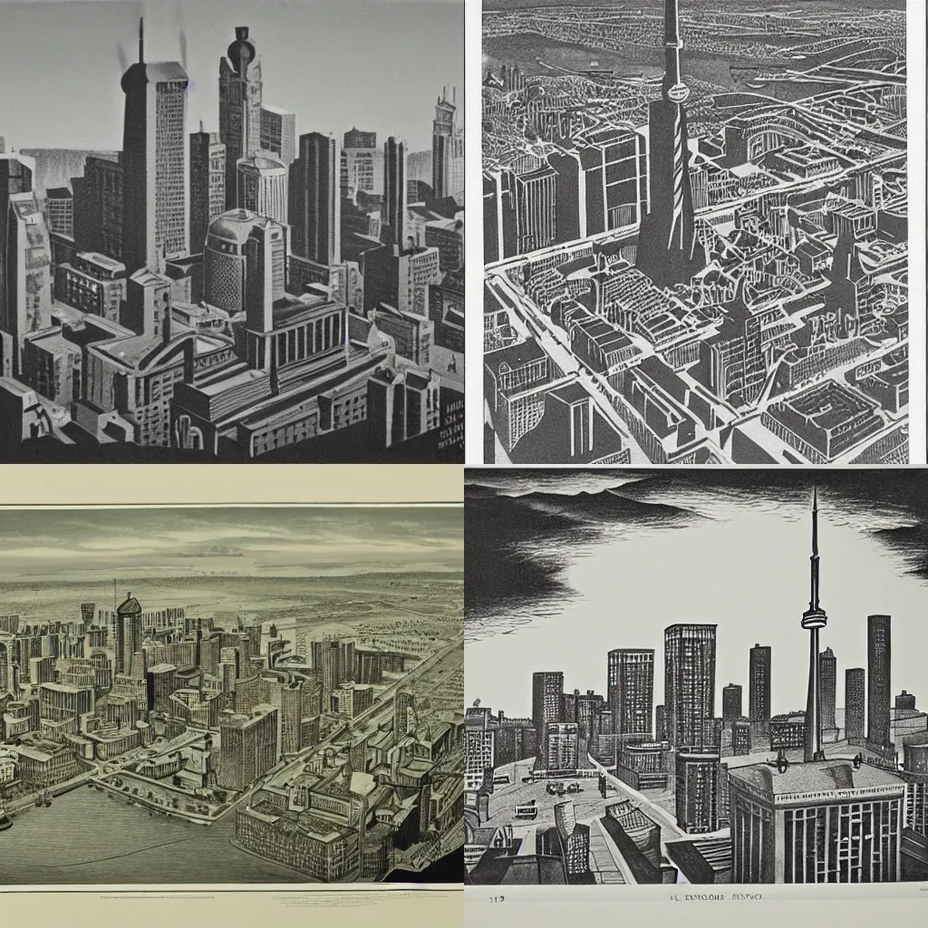 Prompt: a lithograph of downtown toronto 1938